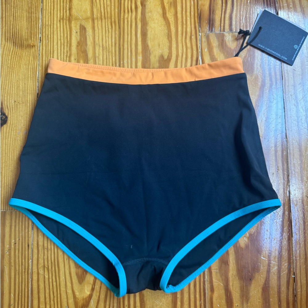 High-Waisted Black Bikini Bottom with Orange and Blue Accents